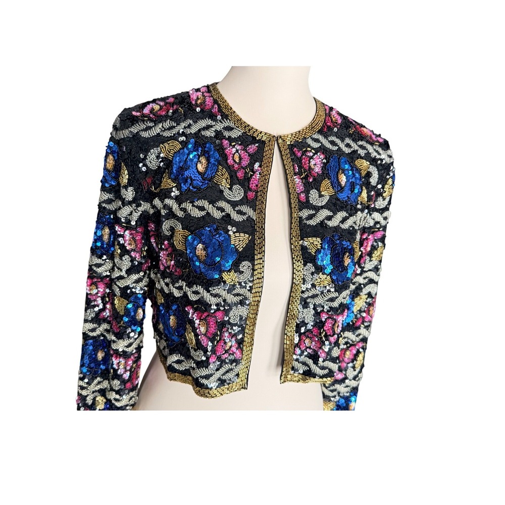 Vintage 80s Morgan Taylor Silk Sequin Jacket Size 6 Beaded Floral Bolero Evening - Picture 2 of 11
